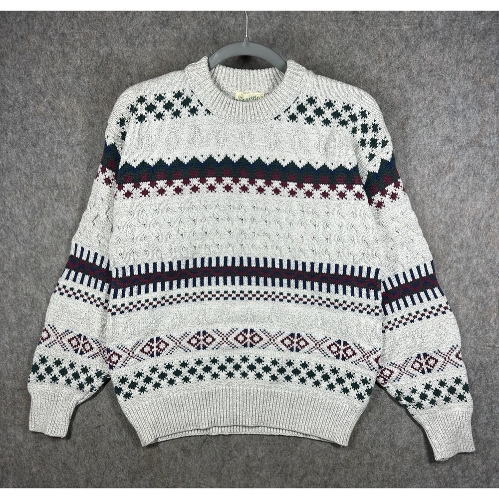 Vintage St Johns Bay Sweater Mens M Fair Isle Cotton USA Grandpa Crew Knit 90s